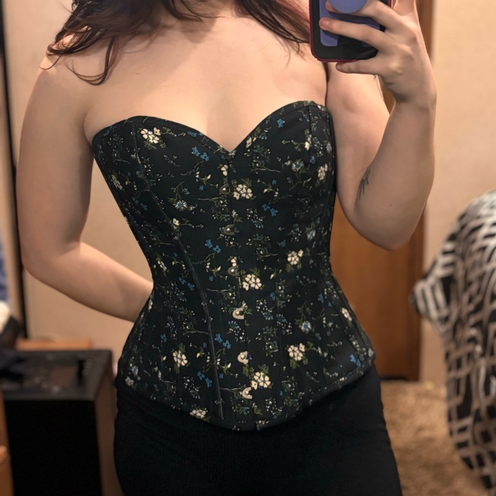 Corset Story 24” black corset with white and blue flowers